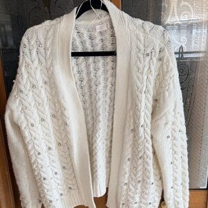 Lauren Conrad Open-Front White Beaded Cable Knit Sweater Cardigan medium